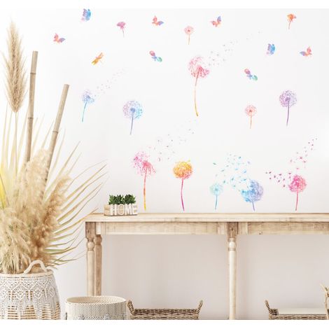 Lntyq 2 PCS Autocollant Mural Fleur Stickers Muraux Pissenlit Coloré Stickers Muraux Papillon Plante pour Salons Chambres Bureaux Canapé Fond Décoration Murale De La Maison