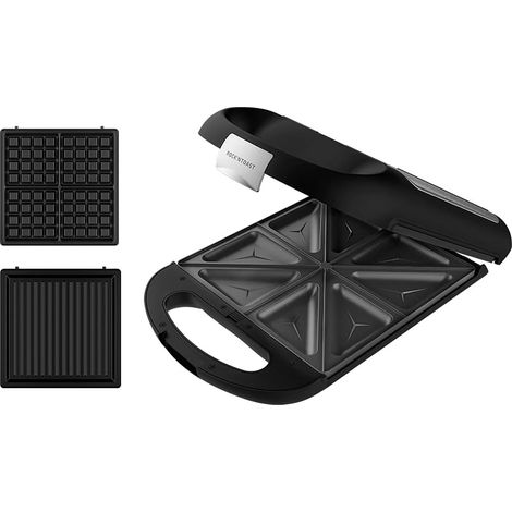 Appareil à sandwichs Rock'nToast Family 3in1. 1500 W, capacité pour 4 sandwichs, revêtement antiadhésif, 3 plaques interchangeables, grillage rapide et uniforme, acier inoxydable. (1/5)