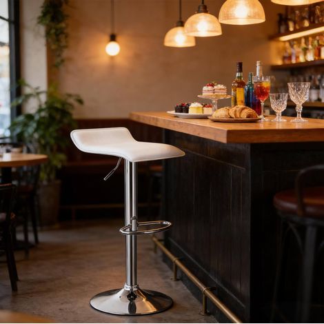 Barhocker aus Chromstahl und Kunstleder weiß, höhenverstellbar und 360° drehbar (1/5)