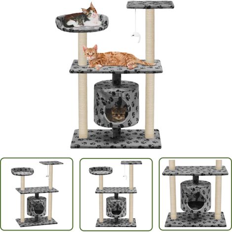 The Living Store Arbre à chat avec griffoir en sisal 95 cm Gris Motif de pattes - Arbre À Chat - Maison Pour Chat - Jouets Pour Chat - Griffoir Sisal - Plateforme Chat (1/5)