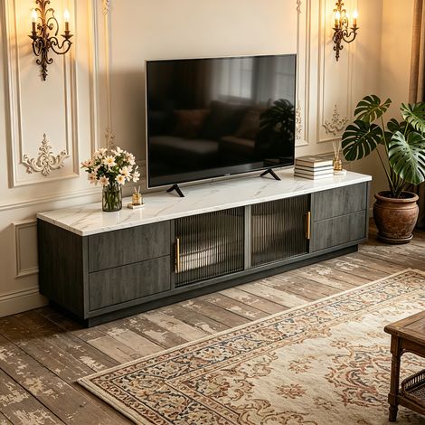 Meuble tv - moderne design marbre - Meuble télévision - avec tiroirs et portes vitrées - Meuble de salon - Gris (1/5)