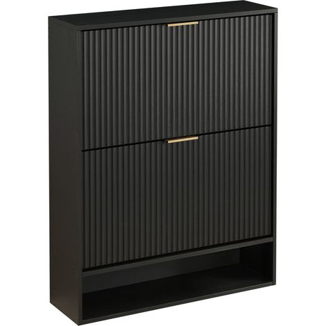Scarpiera stretta nera 80 x 24 cm con 2 ante a ribalta e ripiano regolabile (1/5)