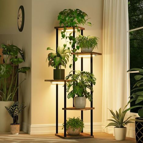Support plantes avec lampe de croissance – Étagère 5 niveaux en métal brun – Pour plantes d'intérieur et d'extérieur – Design scandinave (1/5)