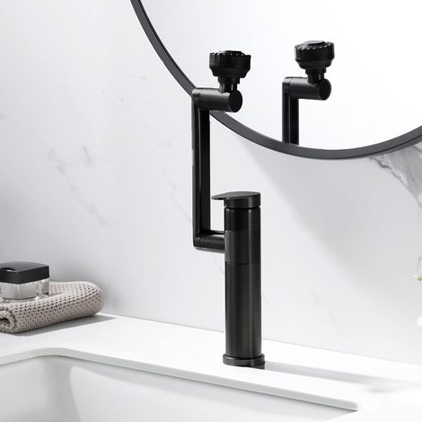 Robinet lavabo noir 1080° rotatif en acier inoxydable, mélangeur réglable chaud/froid, design moderne