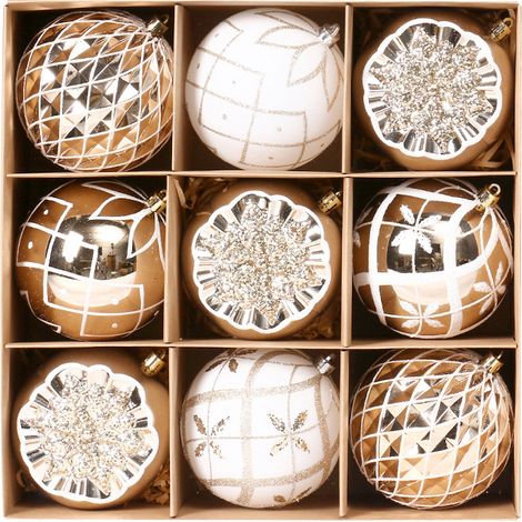 Set mit 9 bemalten, dekorativen Weihnachtsbaumkugeln, 10 cm, geeignet für den Innen- und Außenbereich, für Weihnachten, Hochzeiten und Geburtstage. (1/4)