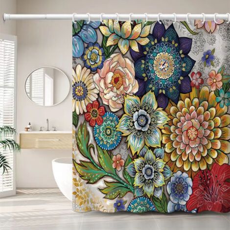 180 x 200cm Shower Curtain with 12 Hooks Quick Drying (Flowers), Machine Washable Waterproof Polyester Fabric, Bathroom Curtains (1/5)