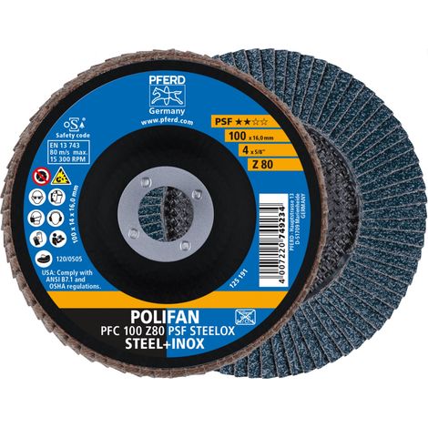 PFERD TOOLS POLIFAN Fächerscheibe PFC 100x16 mm konisch Z80 Universallinie PSF STEELOX Stahl/Edelstahl 10 Stk (1/4)