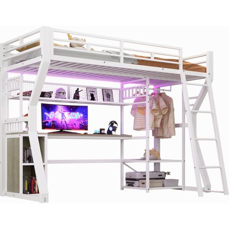 Lit mezzanine métal 90x200cm lit adult avec bureau et penderie et rangements, led et prise électrique, espace ouvert, blanc (1/5)
