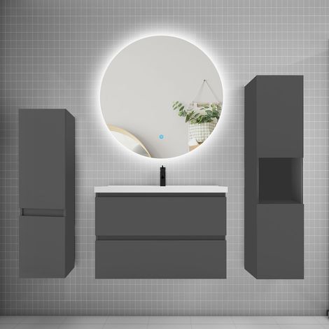 Ensemble meuble anthracite et lavabo L.80cm 2 tiroirs + colonne2 haut + lavabo + miroir 60x60cm-suspendu