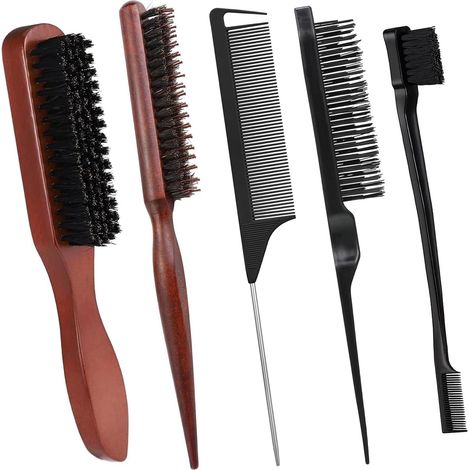 5 Pièces Brosse Plaquante Cheveux, Brosse Poils Sanglier, Brosse Cheveux Poils De Sanglier, Brosse Cheveux pour Cheveux Longs, Bouclés (1/5)
