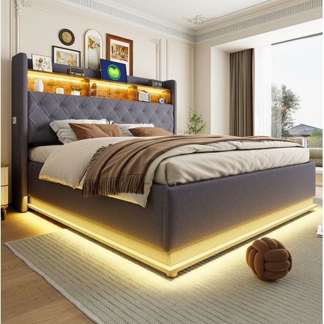 Cama doble tapizada con LED USB y almacenaje gris OKMYHOME (1/5)