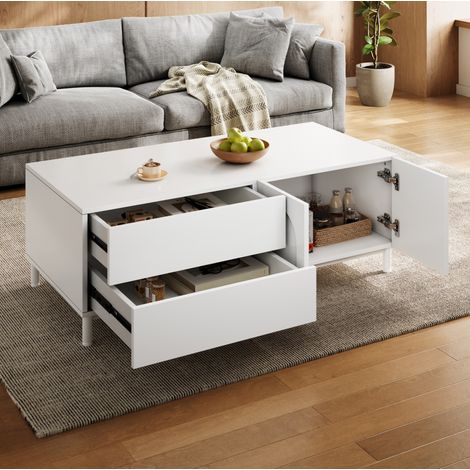 Couchtisch 100x50x39.5 cm, 2 Schubladen und 2 Türen, Stahlrohrfüße, MDF und Spanplatte, Weiß (1/5)
