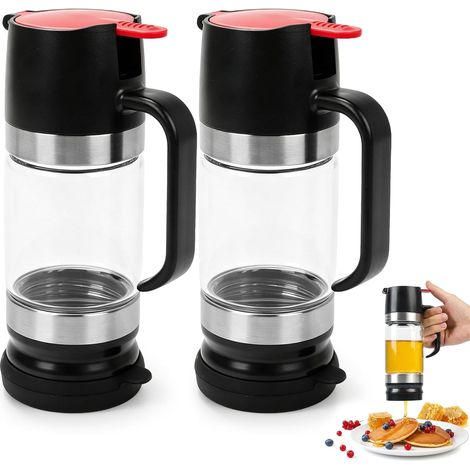 Distributeur de miel en verre, 315 ml, verre à miel anti-goutte avec poignée, distributeur de miel anti-goutte avec support, distributeur de sirop en verre pour miel et sirop, noir (2, noir) (1/5)
