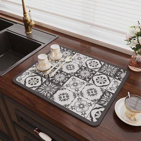 1PC (30 x 40 CM, Imprimé Gris)Tapis Egouttoir Vaisselle, Tapis Absorbant Vaisselle en Nanofibres à Séchage Rapide, Tapis de Séchage Vaisselle Absorbant pour Les Comptoirs De Restaurant (1/4)