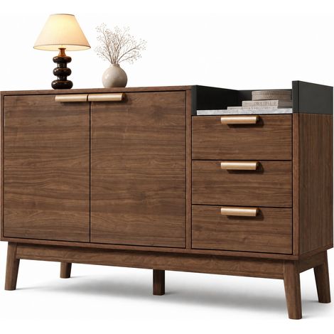Commode de rangement 3 tiroirs avec placard double porte, plateau effet marbre, étagère ouverte, pieds bois et rangement réglable, 120 x 40 x 77 cm - CHICFURN (1/5)