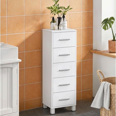 Mueble de baño con almacenamiento de madera blanco, 5 cajones y patas ajustables (1/4)