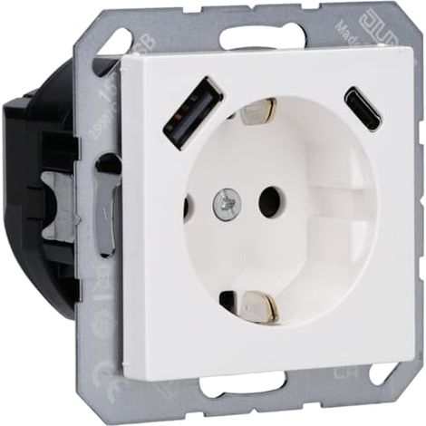 Jung Toma de corriente SCHUKO®, 16 A 250 V , con cargador USB, 1 x tipo A + 1 x tipo C, SAFETY+, serie AS/A, blanco alpino A 1520-15 CA WW