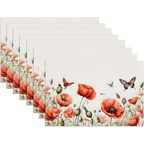 Juego de 8 manteles individuales con estampado floral en acuarela roja, 30 x 45 cm, resistentes a las manchas, ideales para primavera y verano, creando un ambiente festivo. (1/5)