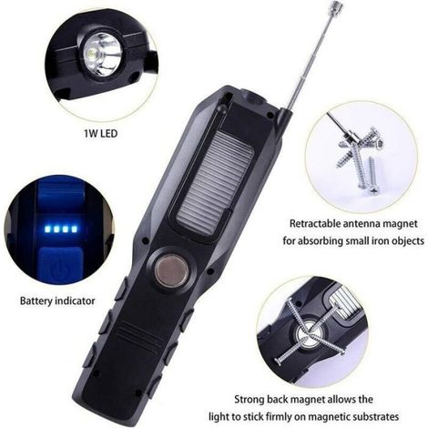 Baladeuse LED Rechargeable, Lampe de Travail Portable LED Rechargeable Puissante Lampe Aimantée USB 2800mAh Batterie COB, Crochet (1/4)