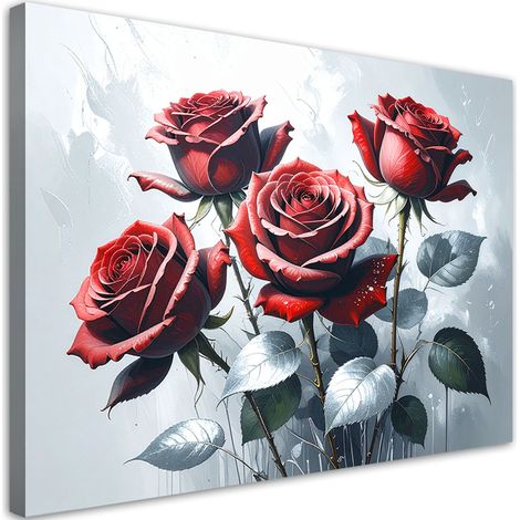 Toile Imprimée, Fleurs de roses rouges sur fond gris,30x20 (1/4)