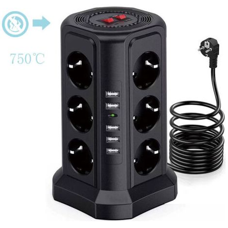 Überspannungsschutz-Steckdosenleiste (Turm-Design), Steckdosenleiste mit 5 USB-Anschlüssen und 12 Steckdosen, mit 3 Schaltern — Weiß
