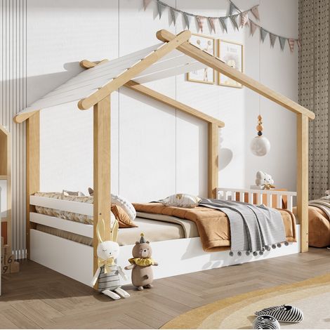 Letto singolo per bambini 90x200 cm bianco e naturale in pino e MDF con struttura a casetta (1/5)