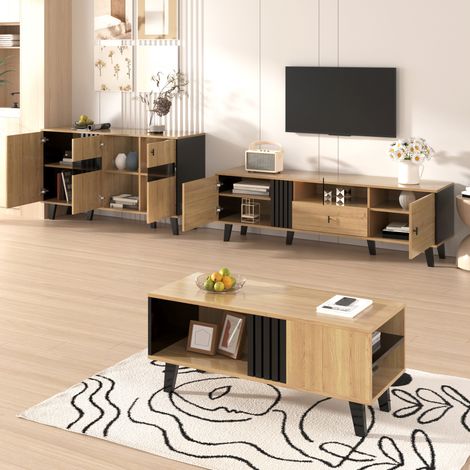 Ensemble meuble salon 3 pièces – table basse, meuble TV & buffet – design moderne en bois et noir – grand rangement, élégance raffinée pour tout intérieur. (1/5)