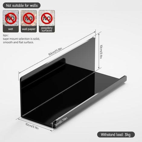 2er-Set Acryl-Wandregale, kein Bohren erforderlich – Schwarz – 30 cm – Selbstklebend für Küche, schwebend für Fotos, selbstklebend für Badezimmer (1/5)