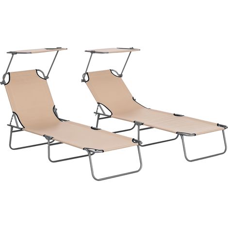 Outsunny Folding Sun Lounger Set of 2 w/ Sunshade Adjustable Backrest Brown