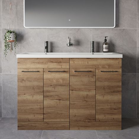 Napoli 390 Tobacco Oak 1200mm 4 Door Vanity Unit with Double Glide Basins - 1200mm - Gunmetal Grey 160mm Handle