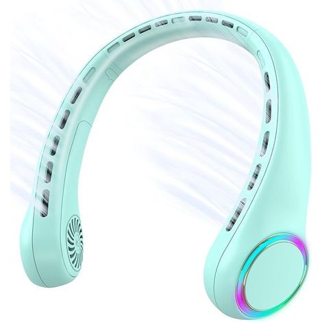 Ventilateur de cou portable, ventilateur personnel avec batterie de 4000 mAh, ventilateur de cou rechargeable avec 3 vitesses et 64 lumières rafraîchissantes (vertes) (1/5)