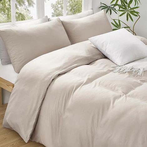 Housse de Couette 220x240 Beige Microfibre Parure de lit + Taies d'oreiller 65x65 avec Fermeture Éclair (1/3)