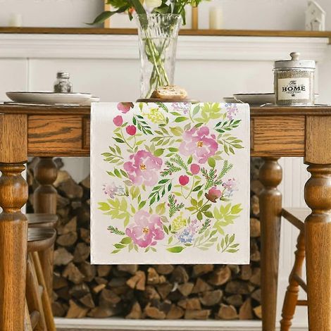 Chemin de table printanier à motif de roses roses, décoration de table saisonnière pour la cuisine et les fêtes à la maison, 33 x 183 cm (1/4)