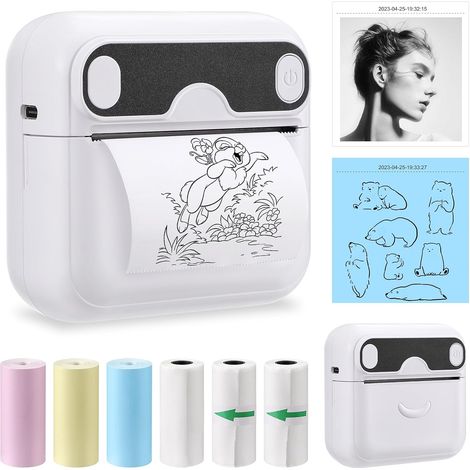 Mini imprimante thermique portable, imprimante sans fil Bluetooth à impression directe sans encre avec 6 rouleaux de papier, Pri (1/5)