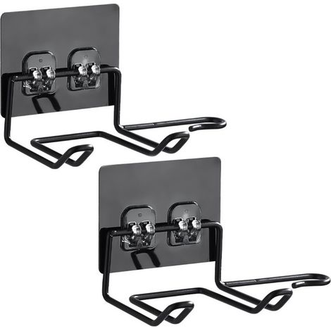 Soporte para secador de pelo sin taladro - Montaje de pared adhesivo con gestión de cables - Acero inoxidable - Paquete de 2, negro