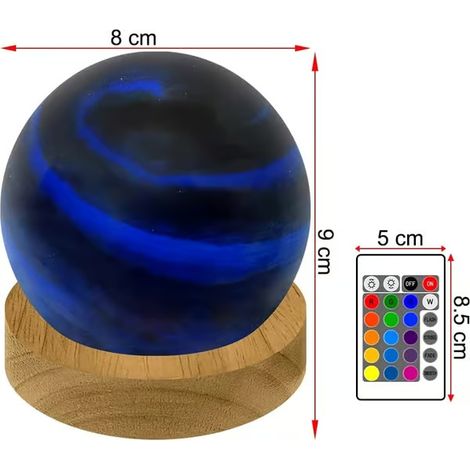 Lampe de nuit 3D boule de verre Planète, télécommande, 16 couleurs RVB, réglable en intensité, base en bois (8cm) (1/5)