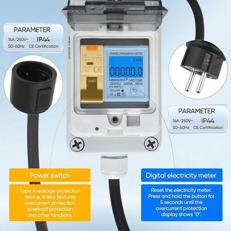Compteur Électrique Numérique Mobile 60A 230V avec Prise CEE Schuko Universelle, KWH Wattmetre Prise Wattmetre Mobile Extérieur étanche IP67, Compteur de Courant numérique Mobile (1/3)