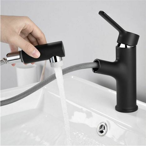 Robinet de Lavabo Noir Mitigeur de Lavabo avec Douchette Extractible Robinet Salle de Bain en Laiton Robinetterie avec 2 Jets au Choix (1/5)
