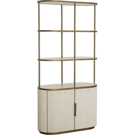 Vitrine élégante 2 portes 3 étagères ouvertes - Blanc cassé avec touches bronze (1/5)