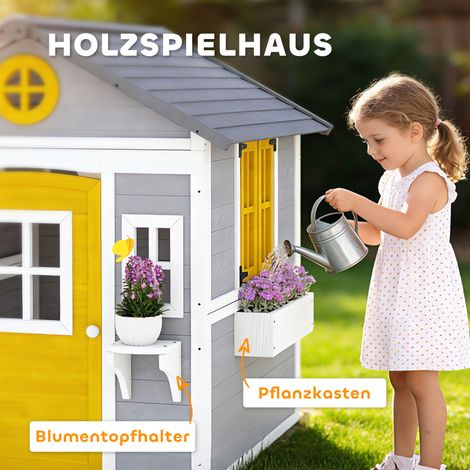 Cabane en bois résistante aux intempéries pour enfants, avec porte, 6 fenêtres, 2 bacs à fleurs, 2 supports à plantes, pour 3-8 ans, grise (1/5)