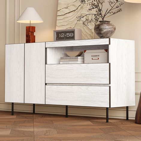 Sideboard 140 x 42 x 77 cm - modernes Stauraummöbel mit grifflosen Türen und Schubladen - minimalistisches Design - Holzwerkstoff - Weiß