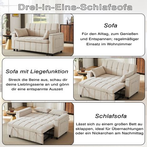 Canapé convertible 2 places 3 en 1 en tissu chenille, rangements dans accoudoirs, lit d'appoint gigogne avec poches latérales, structure en acier renforcé, meuble polyvalent pour salon et chambre d'am (1/5)