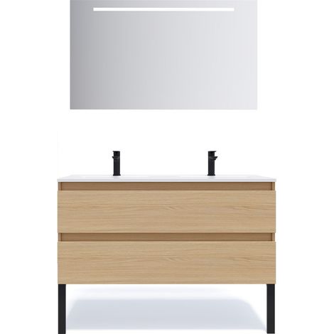 Meuble de salle de bain suspendu double vasque intégrée 120cm 2 tiroirs Chêne clair + miroir - Hudson (1/5)