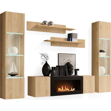 Composición mural FLY – Roble claro – Vitrinas parcialmente acristaladas LED, estantes y mueble para TV con chimenea de bioetanol