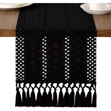 Camino de mesa, Mantel, Manteles, Ropa de mesa, Algodón, Camino de mesa estilo bohemio, Con borla anudada, 30240 cm, Negro (1/5)
