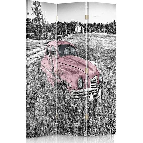 Paravent Déco Vintage Voiture Rose en Campagne 3 Panneaux - 110 x 180 cm - 1 face déco, 1 face noir