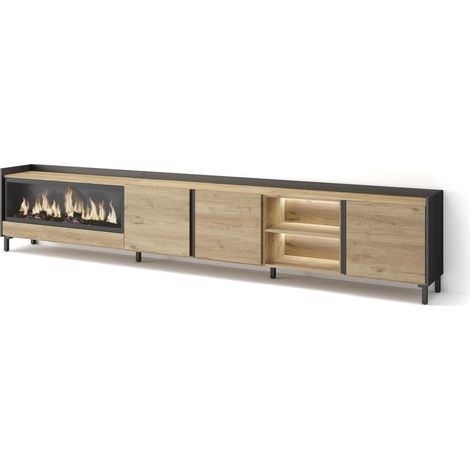 Skraut Home - Meuble TV, Banc Télé, Grand espace de Rangement, 315x35x61cm, Pour les TV jusqu'à 80", Cheminée électrique XXL, Design industriel, LED, Style moderne, Chêne et noir (1/5)