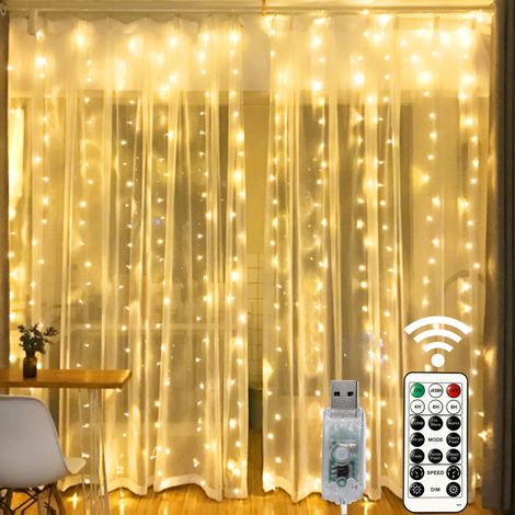 Guirlande lumineuse pour rideaux de fenêtre, 300 LED, 8 modes d'éclairage, lumière féérique cuivrée avec télécommande, alimentation USB pour décorations de Noël, fêtes, mariages et maison (blanc chaud (1/5)