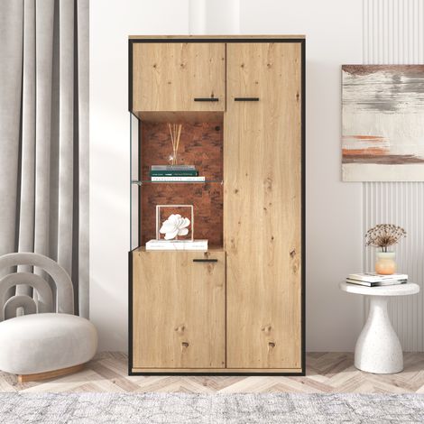 Vitrina con 1 Puerta de Cristal, 3 Estantes Regulables y LED 15 Colores, Estilo Moderno, en MDF, Natural, 77,5×40×150 cm (1/5)