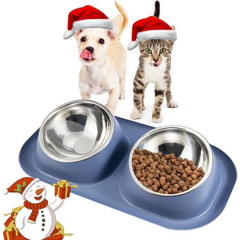 Filiyano-Gamelle double hauteur en acier inoxydable antidérapante pour petits chiens et chats (bleu foncé) (1/5)
